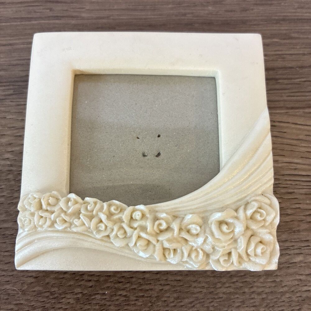 Vintage Mini Ceramic Picture Frame, White Pearl, Roses  2.75” x 2 5/8”